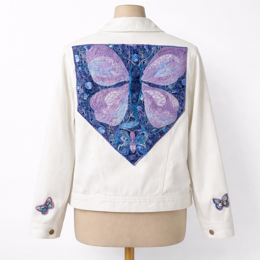 Vintage Y2K Quilted Butterfly Denim Jacket Size L Upcycled Patchwork Boho Indie